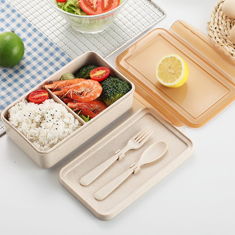 Portable Hermetic Lunch Box 2 Layer Grid Bento Box with Fork Spoon