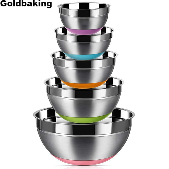 Stainless Steel Mixing Bowls (Set of 5) Silicone Bottom Nesting Storage Salad Bowls Meal Mixing Prepping 1.5 2 2.5 3.5 5QT|Baking & Pastry Tools|