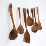 Thailand Teak Natural Wood Tableware Spoon Ladle Turner Long Rice Colander Soup Skimmer Cooking Spoons Scoop Kitchen Tool Set|Cooking Tool Sets|