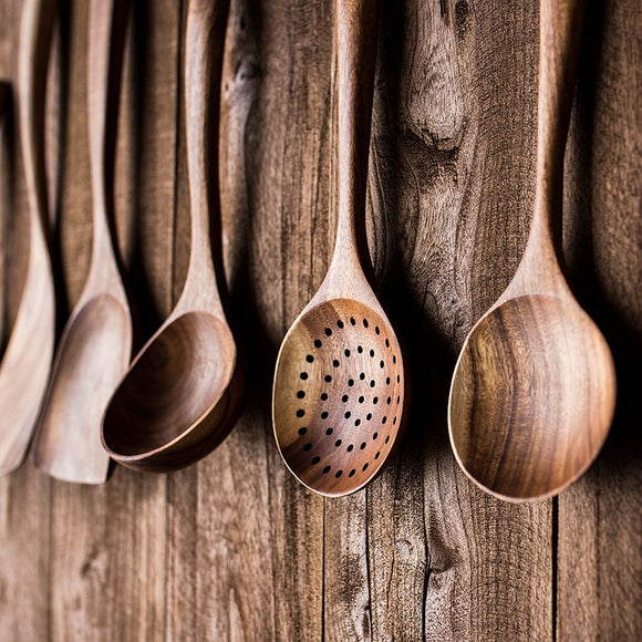 Thailand Teak Natural Wood Tableware Spoon Ladle Turner Long Rice Colander Soup Skimmer Cooking Spoons Scoop Kitchen Tool Set|Cooking Tool Sets|